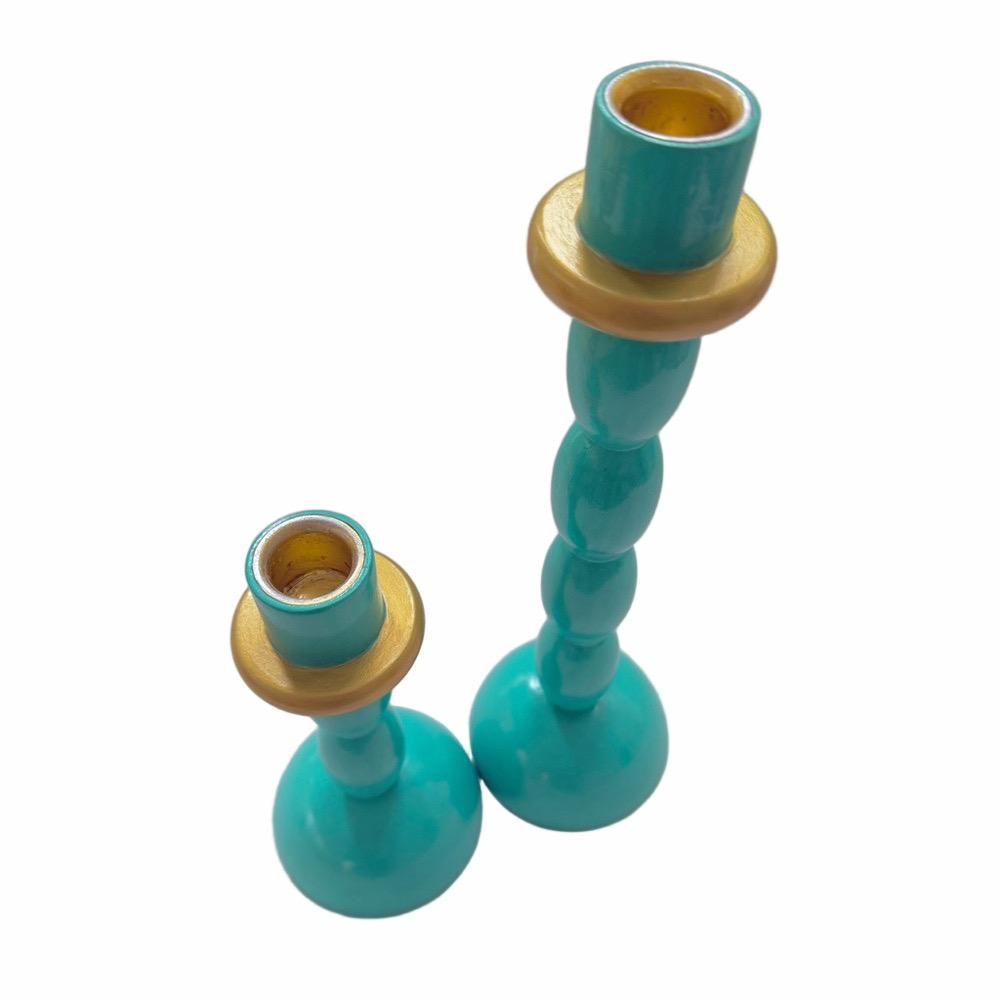Set of 2 Upcycled Solid Wood Candlesticks Aqua Gold Hand Painted Decor